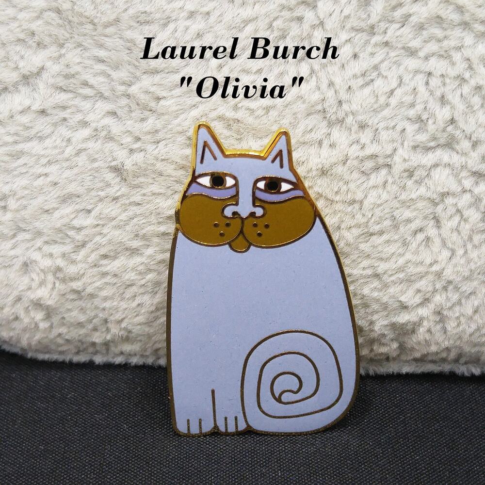 Laurel Burch Olivia Cat Brooch Lavender Enamel Gold Tone Signed 80s